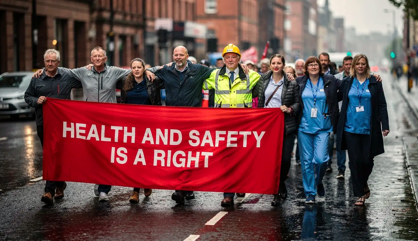 Trade unionists, nurses and safety reps marching arm in arm behind a red banner that says Health and safety is a right