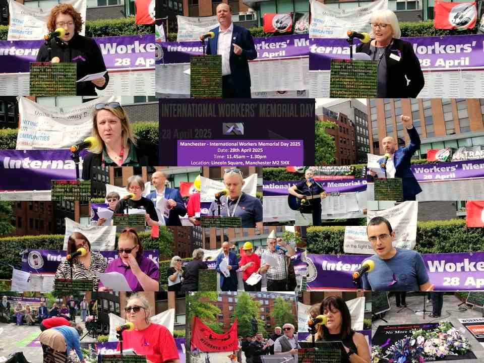 Speakers and banners at Workers' Memorial Day in Manchester
