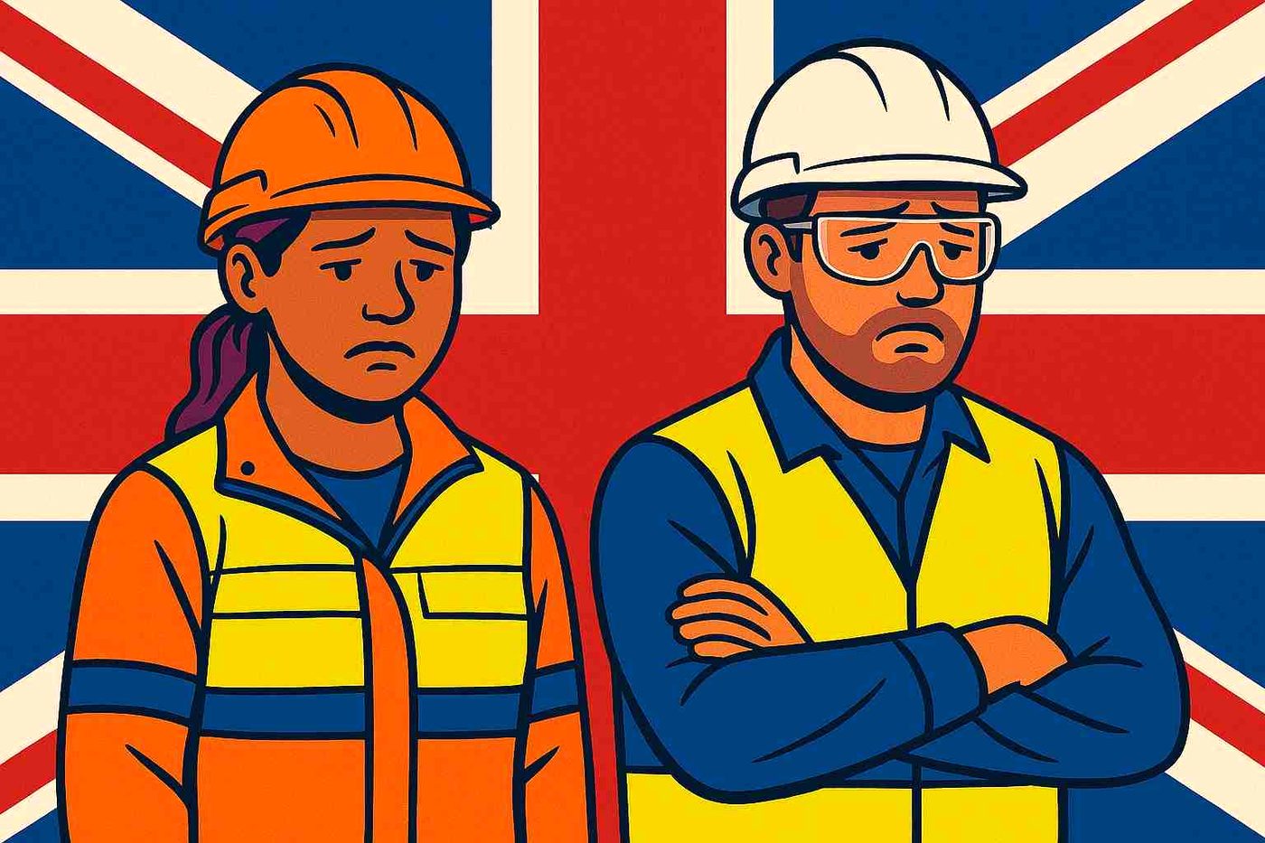 An illustration of a woman and a man in hard hats and high-visibility jackets